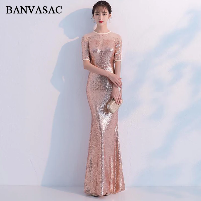 BANVASAC 2019 блестящие Длинные вечерние платья с кристаллами и круглым вырезом юбкой