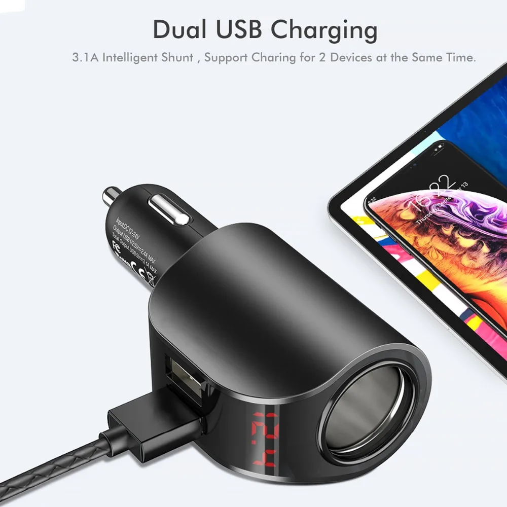 Автомобильное зарядное устройство SOONHUA с двумя USB-портами и цифровым дисплеем 3 1 А