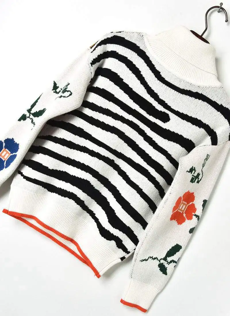 Runway Turtleneck Sweater Women Pullover Spring Tiger Head Flower Jacquard Long Sleeve Knitted Elegant Jumper | Женская одежда