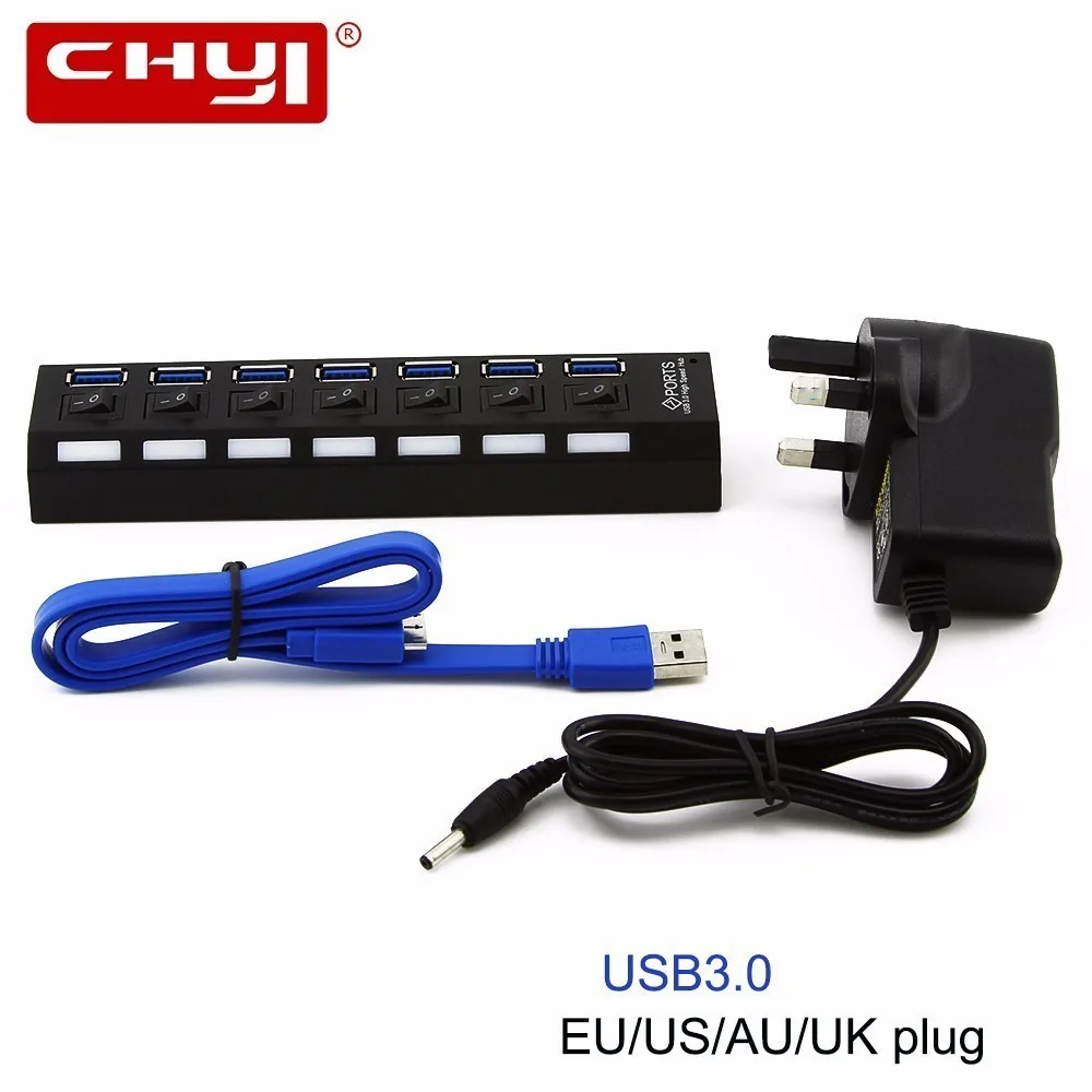 

CHYI USB 3.0 Hub With EU/AU/US/UK External Power Adapter 5Gbps 7 Port USB Hub 3.0 Splitter With ON/OFF Switch For PC Accessories