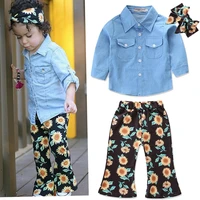 vtom toddler kids girls clothing sets long sleeved denim tops sunflower bell bottom trouserheadbands outfits children clothes