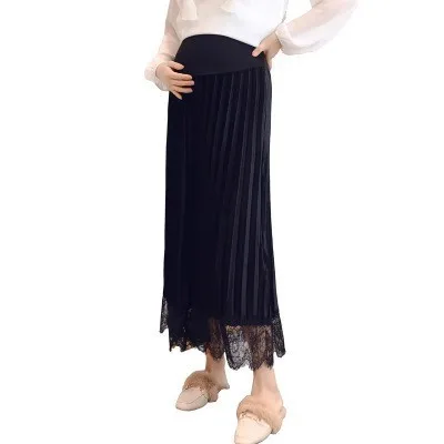

Maternity Skirts Long Gold Velvet Lace Splice Skirt For Pregnant Women Casual Pleated Skirt Plus Size High Waist Pregnancy Skirt