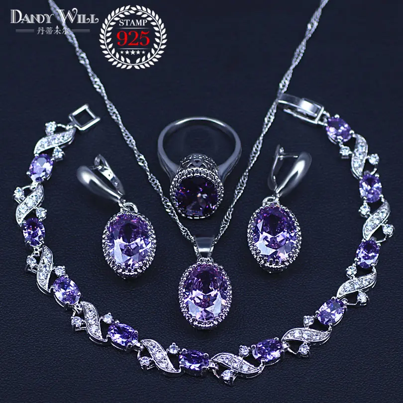 Oval White zircon Purple Crystal Jewelry Set For Women Silver Color Pretty Bracelets/Necklace/Earrings/Ring/Pendants | Украшения и