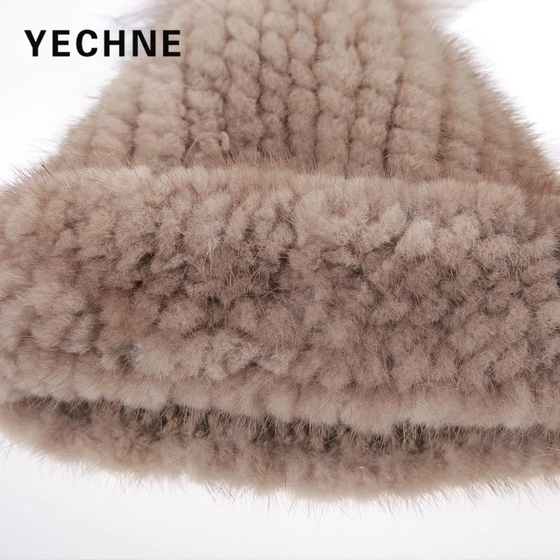Женская зимняя вязаная шапка YECHNE из натурального меха норки|Женские Skullies и