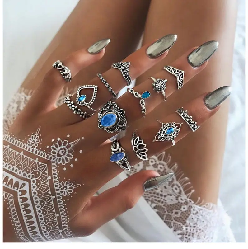 

13pcs/Set Boho Midi Knuckle Female Rings Set For Women crystal Heart Lotus Tortoise Finger Ring Party Wedding Jewelry Gift