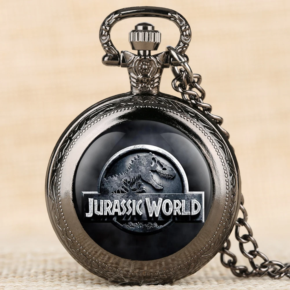 

Jurassic World Quartz Pocket Watches Dinosaur Pattern Fob Watches 4 Color Necklace Chain Pendant Clock Top Gifts for Boys Girls