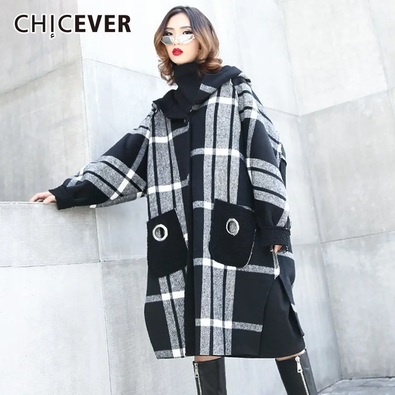 CHICEVER/2019 осенне зимние клетчатые женские пальто с капюшоном и длинными рукавами
