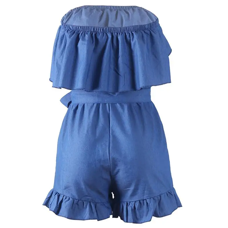 Off-shoulder Ruffled Denim Falbala Women's Jumpsuit Bodysuit Shorts | Женская одежда