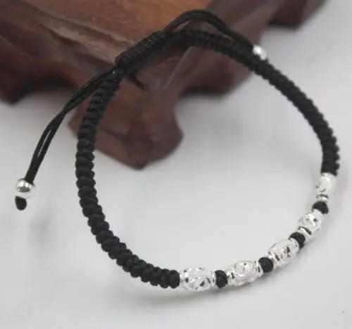 Solid 925 Sterling Silver Oval Bead Black Cord Knitted Bracelet Adjustable | Украшения и аксессуары