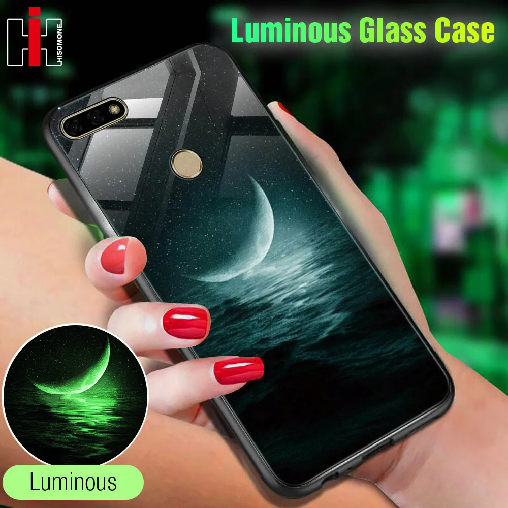 Hisomone Luminous Cover Case For Huawei Honor 7C 7A Luxury Glass Silicone Phone Pro Animal Space Back |
