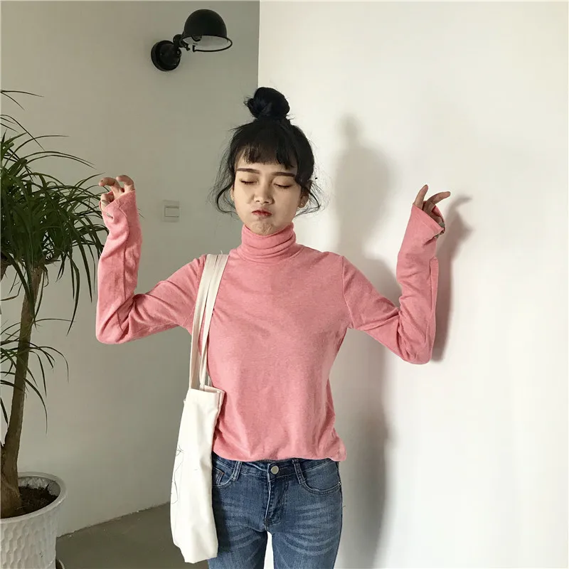 2019 г. Осенняя Корейская Ulzzang водолазка одноцветные футболки Для женщин