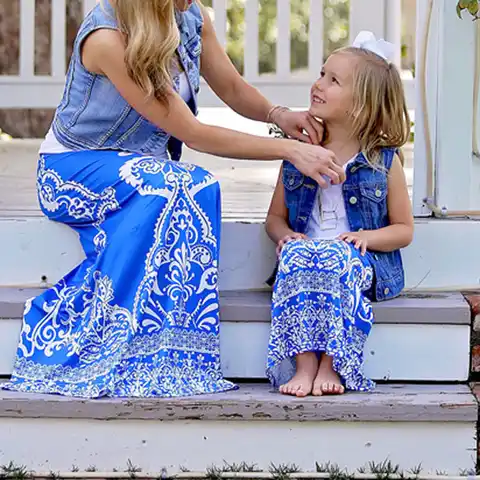 Модель 2019 года, одинаковые платья для мамы и дочки для всей семьи, одежда, синяя юбка для мамы и дочки, Детские наряды для родителей и детей