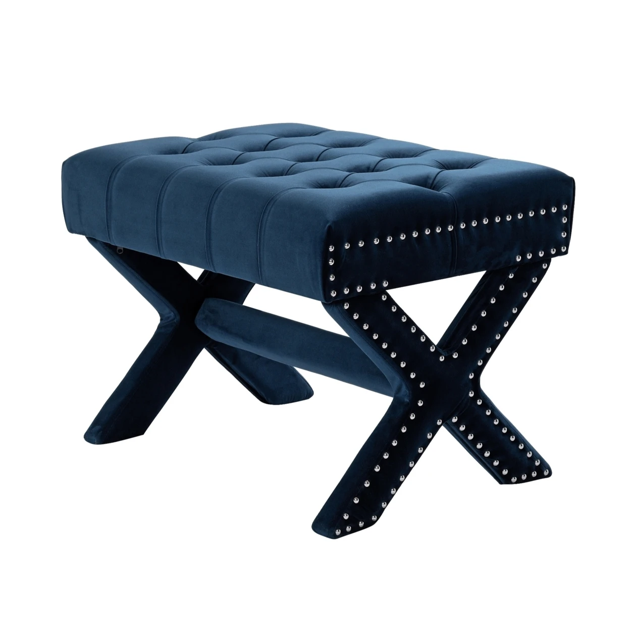 Emma Velvet Button Tufted Ottoman-X-Legs | Серебряная отделка Nailhead современный и функциональный