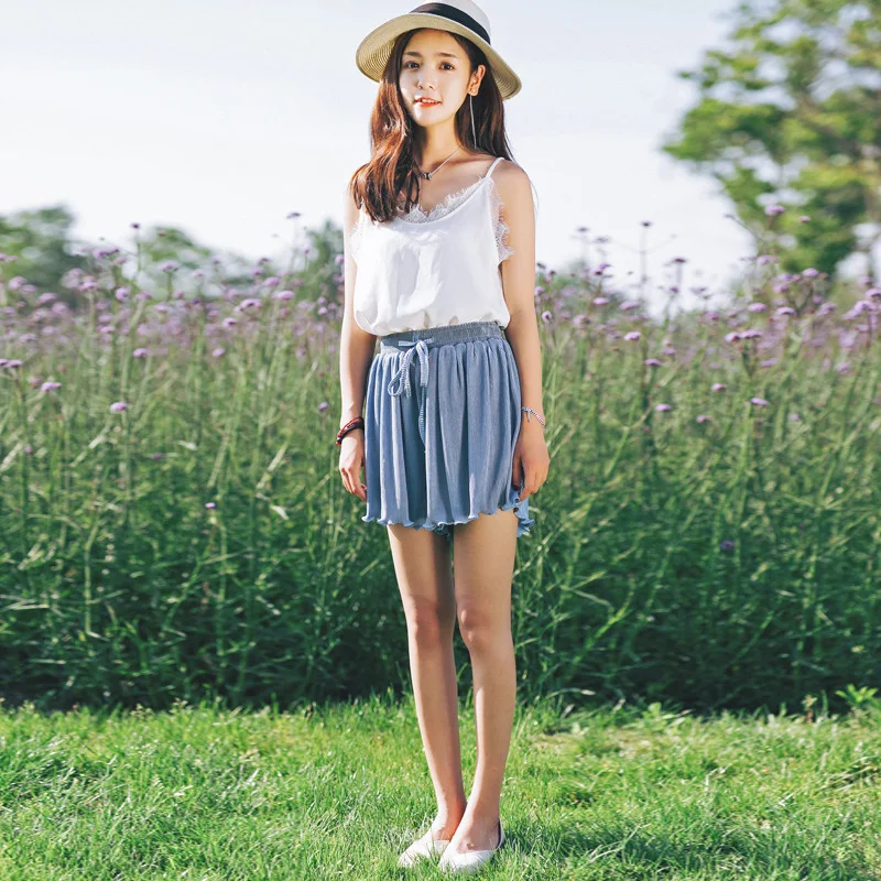 

ICHOIX Casual Chiffon Shorts Women loose high waist Shorts Wide Leg Short Pant Blue Loose Elastic 2019 Summer hot pants pleated