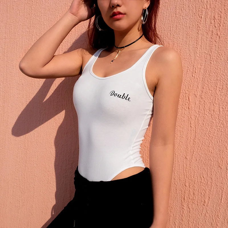 New Cotton Body Sculpting Clothes Solid Color Embroidery Letter Vest Bodysuit Women Jumpsuit Macacao Feminino Summer Top | Женская