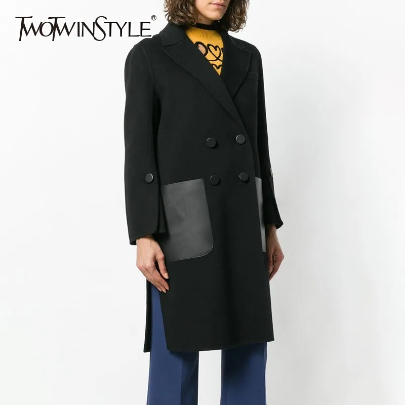 TWOTWINSTYLE Лоскутные Куртки из искусственной кожи для женщин пальто с отворотом