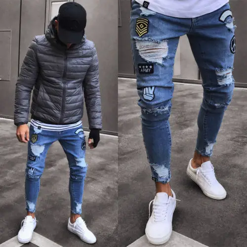 2019 новые модные мужские облегающие джинсы Rip Slim fit Стрейчевые джинсовые потертые