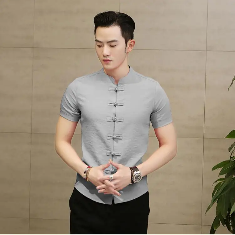 

M-6XL 7XL Cotton Linen Mens Shirts Unique Button design Leisure Blouse Men Chinese style Short sleeve Shirt Beach style Summer
