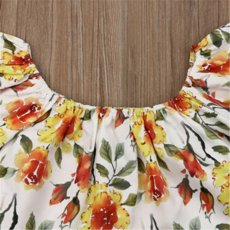 0-36M Baby Girls Clothes Set Off Shoulder Rompers Floral Print Sleeveless Shirts For Yellow Pants Child Newborn | Детская одежда и