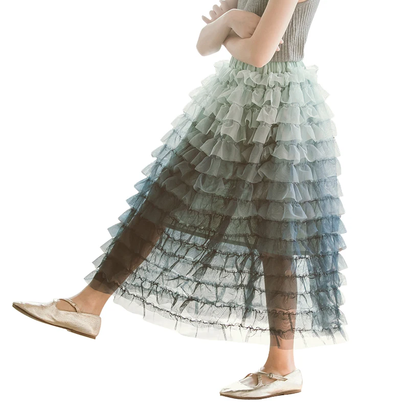 

rainbow ruffle long skirt gradient color tulle skirts age for 4 - 14 yrs teenage girls christmas princess costume kids clothes