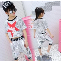 girls boys sequin ballroom jazz hip hop dance competition costume set t shirt tops pants for kids dancing clothes wear outfits