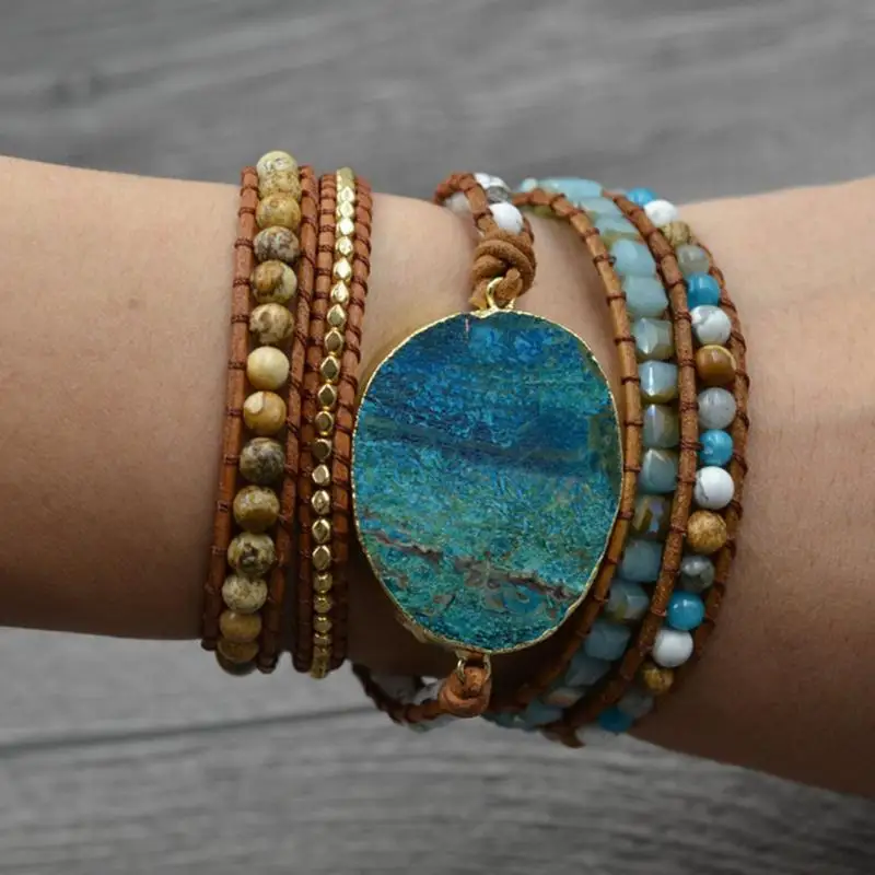 Богемский кожаный браслет с бусинами унисекс камнями океана винтажный Шикарный