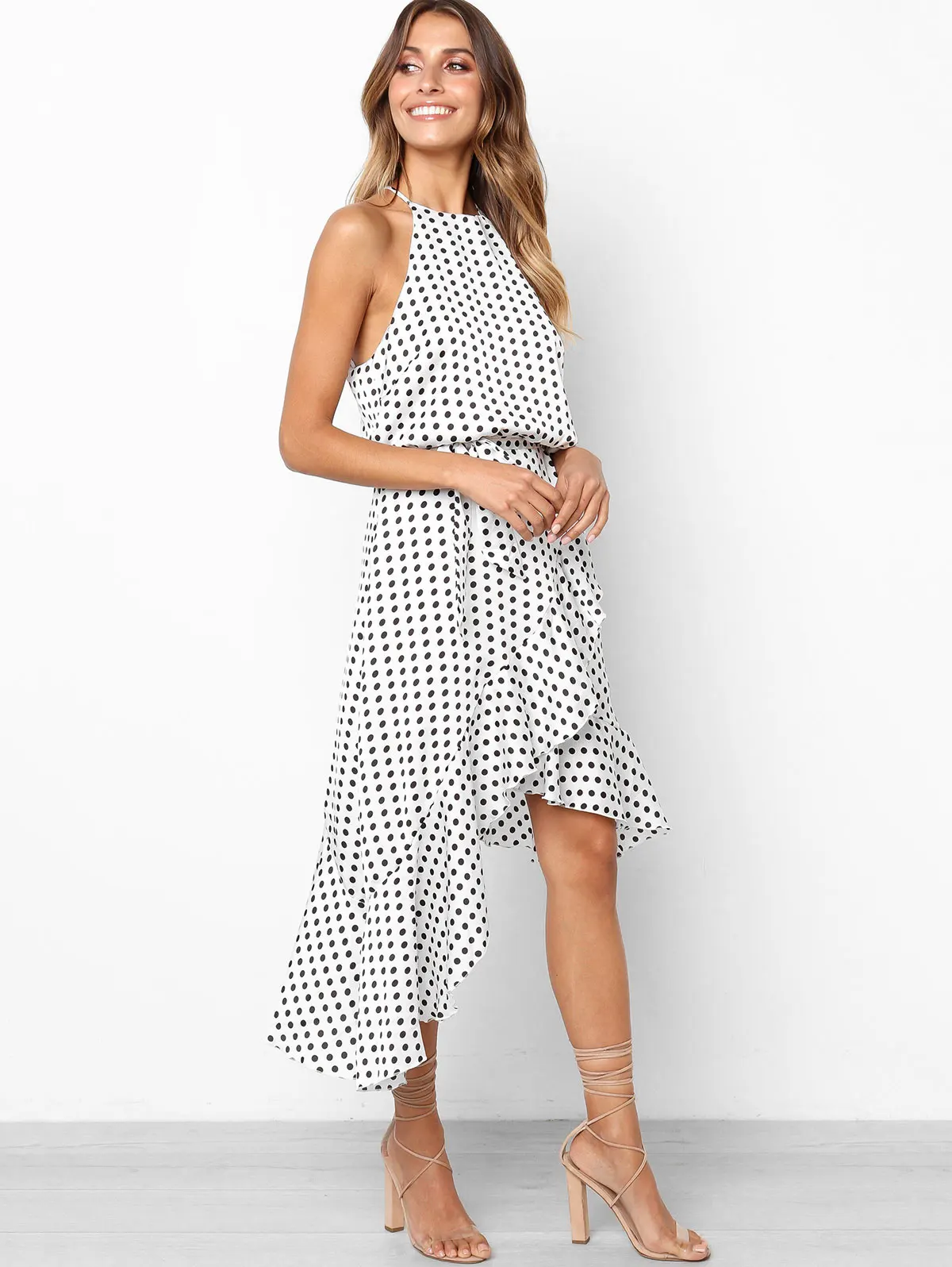 Женское асимметричное платье в горошек на тонких бретельках без рукавов|Женские