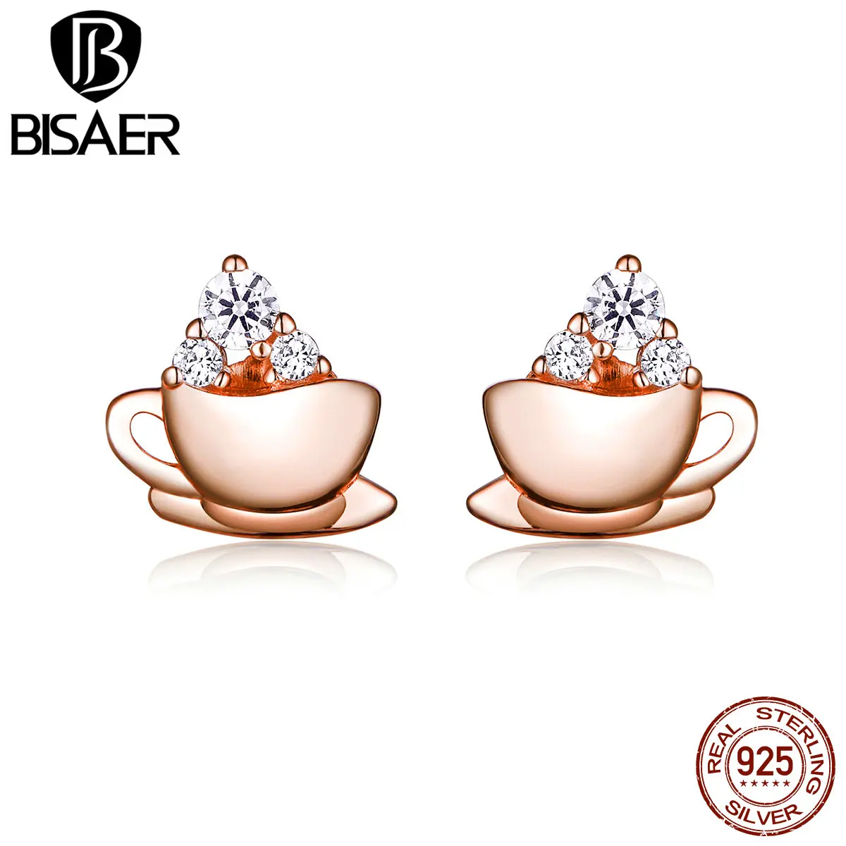 Bisaer 100% Стерлинговое Серебро 925 пробы золотые серьги-гвоздики с кофейной чашкой