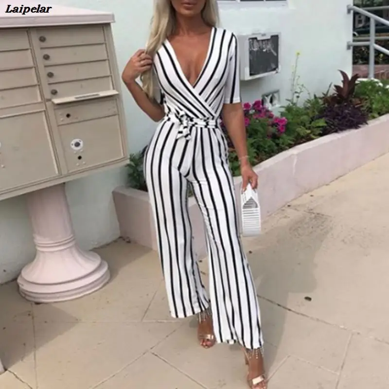

Женский слитный комбинезон в полоску, элегантный офисный комбинезон с поясом и глубоким V-образным вырезом, Облегающий комбинезон с широким...