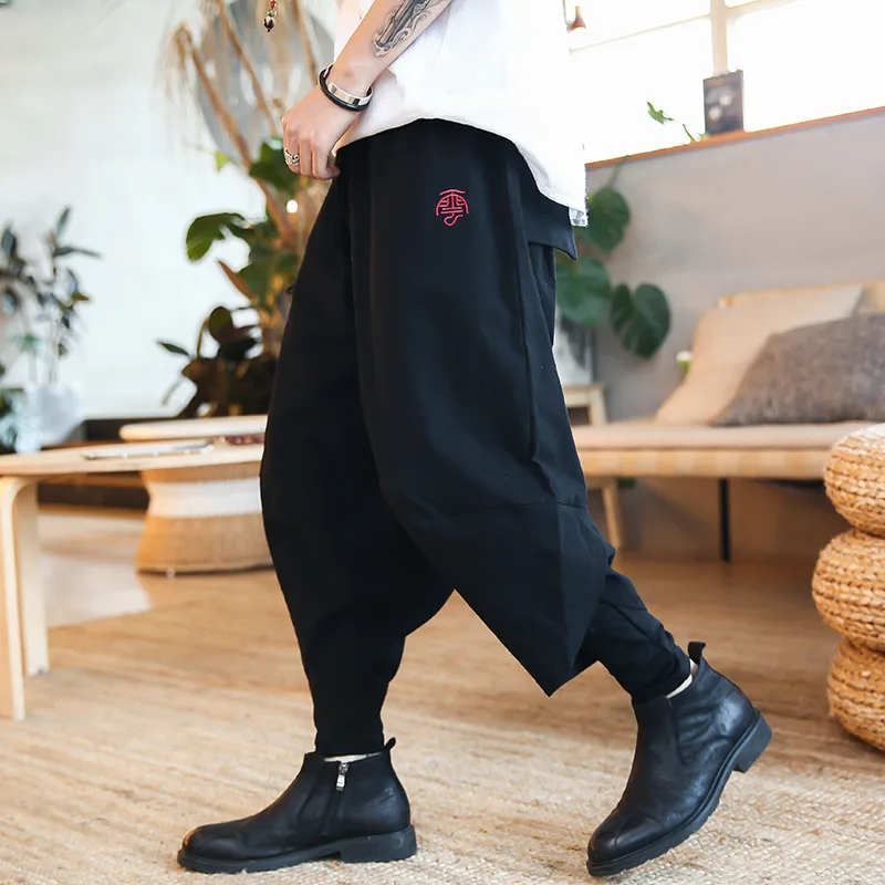 #2523 Spring Red/Black/Blue Vintage Casual Streetwear Harem Pants Men Cotton Linen Trousers Plus Size Fake Two Piece Embroidery | Мужская