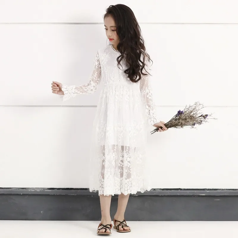Floral Lace Chrochet Teenage Girls Dress Long Sleeve Cotton Spring Summer 2020 White Maxi Princess For Kids | Детская одежда и