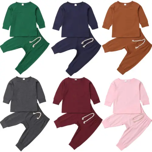 0-24M Cotton Newborn Baby Solid Clothes Sets Boy Girls Sleepwear pajamas Set Tops Pants | Детская одежда и обувь