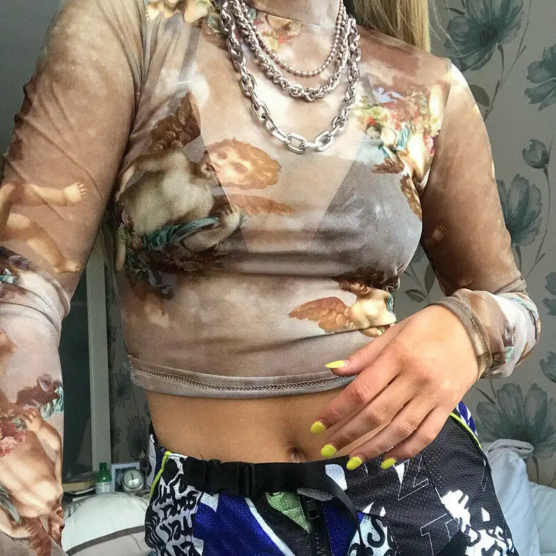 Женский весенний пикантный сетчатый укороченный Топ с длинным рукавом и высоким