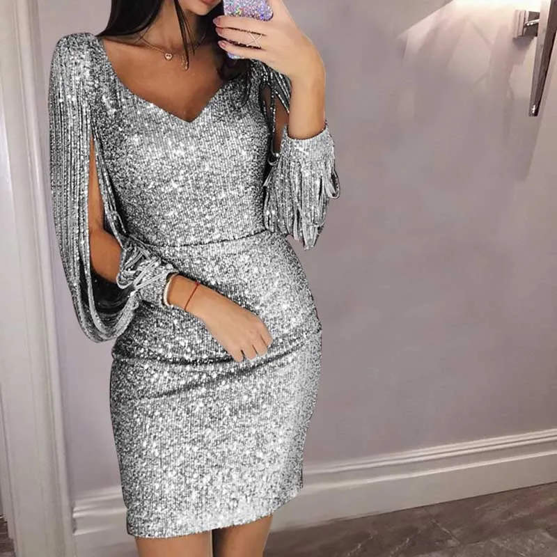 Wipalo Women Sexy V Neck Tassels Sleeve Sequin Party Dress Ladies Sparkly Night Bodycon Mini Club Spring Vestidos | Женская одежда