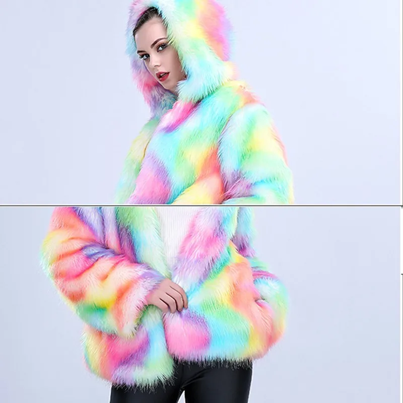 NEW 2018 Autumn Winter Woman Fashion Rainbow Color Faux FOX Fur Jacket Parka With Hood Warm Imitation Fur Coats Female Ls229