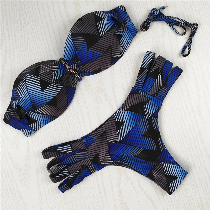 2018 Sexy Beach Bandeau Swimsuit Bandage Bikini Set Flower Print Bathing Suit Women Brazilian Push Up Padded Femme Swimming Suit