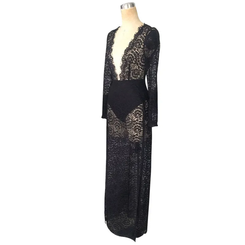 Women Lace Evening Party Prom Gown Dress Lady Formal Empire Waist Long Black V-Neck Sleeve Floor-Length Maxi Dresses | Женская одежда