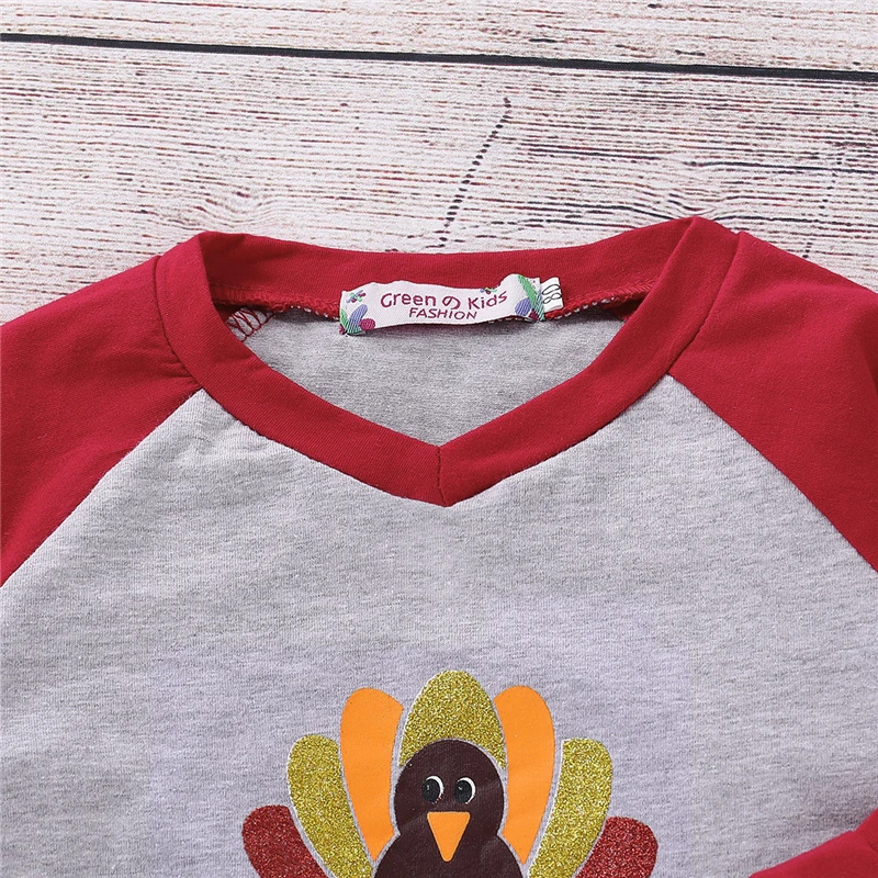 Thanksgiving Baby Kids Clothes Set Turkey Autmn/Winter Girl Boy Long Sleeve Cotton T-Shirt Tops+Solid Black Pants Outfits | Детская
