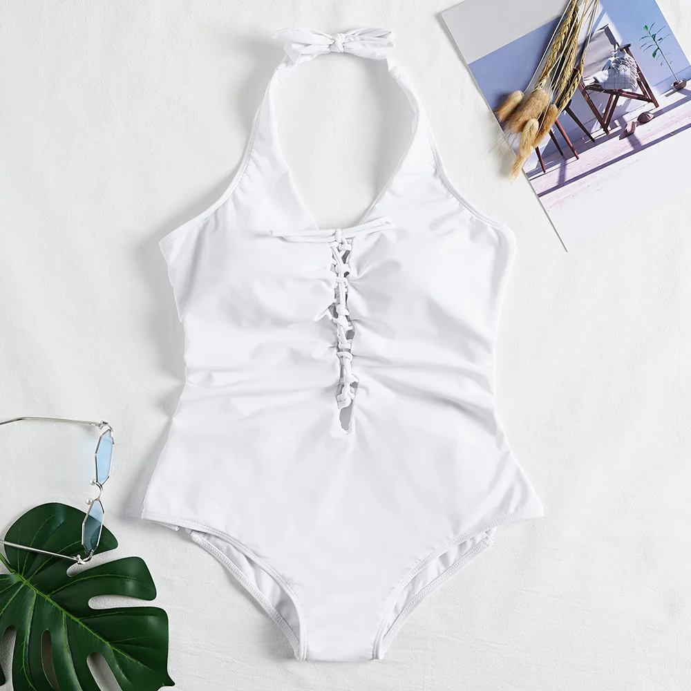 Женский купальник на завязках сплошной цвет плюс размер с вырезом шее открытой