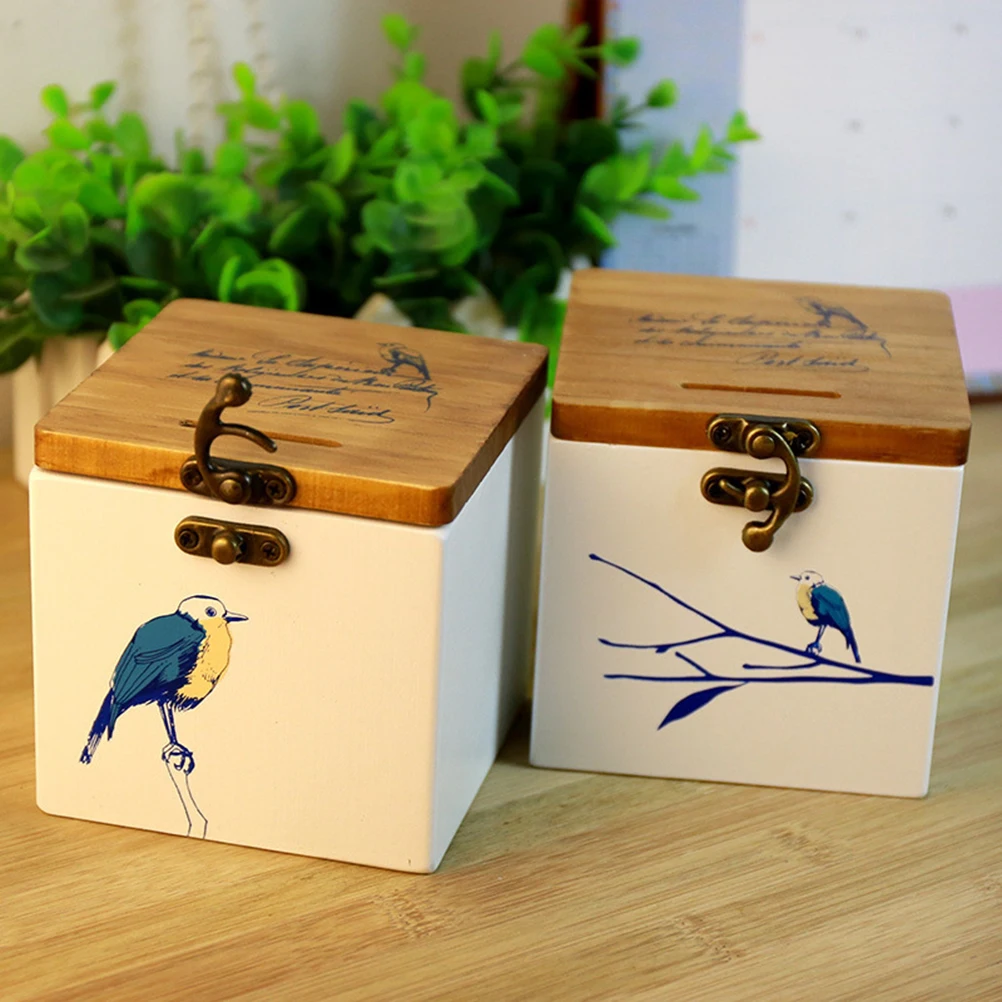 1pc Treasure Box Bird Pattern Handmade Retro Wooden Home Decor Money Piggy Bank Saving Pot with Hole Lock | Игрушки и хобби
