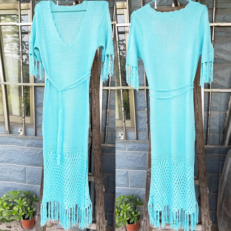 In-X 2019 Tunic women's cover up Hollow out Beach dress V-neck swimsuit female cover-ups Bandage beachwear Tassel saida de beach |