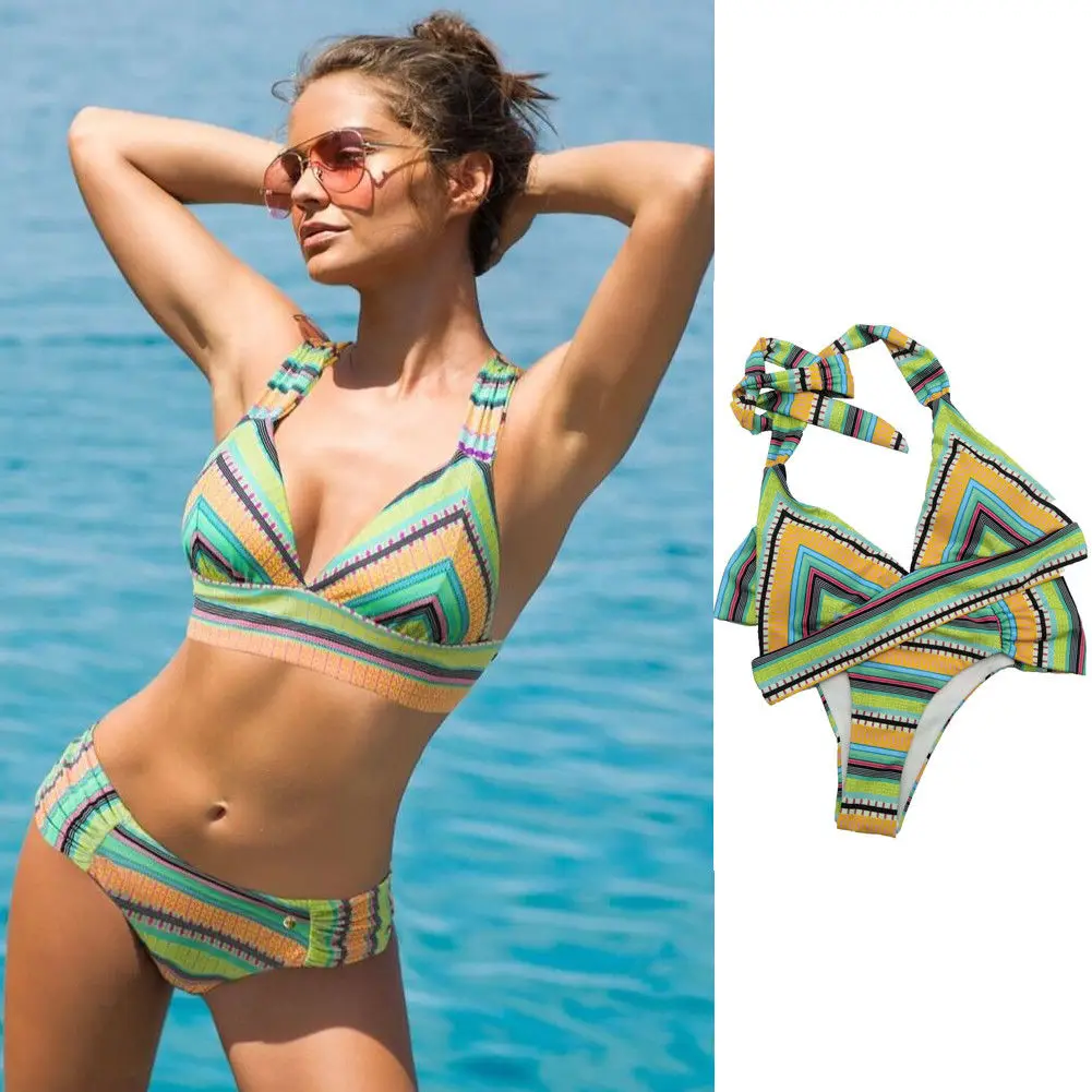 

Women Sexy Bandage Push Up Padded Bra Swimsuit Bathing Suit Swimwear 2019 New Summer Print Bra +panties Brief Sets