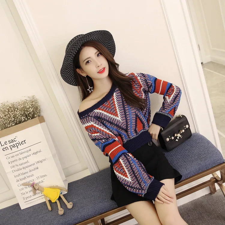 Vefadisa Mixed Color Geometric Pattern Sweater Women Short O-Neck Pullover Lantern Sleeve Jumper Tops ZLD438 | Женская одежда