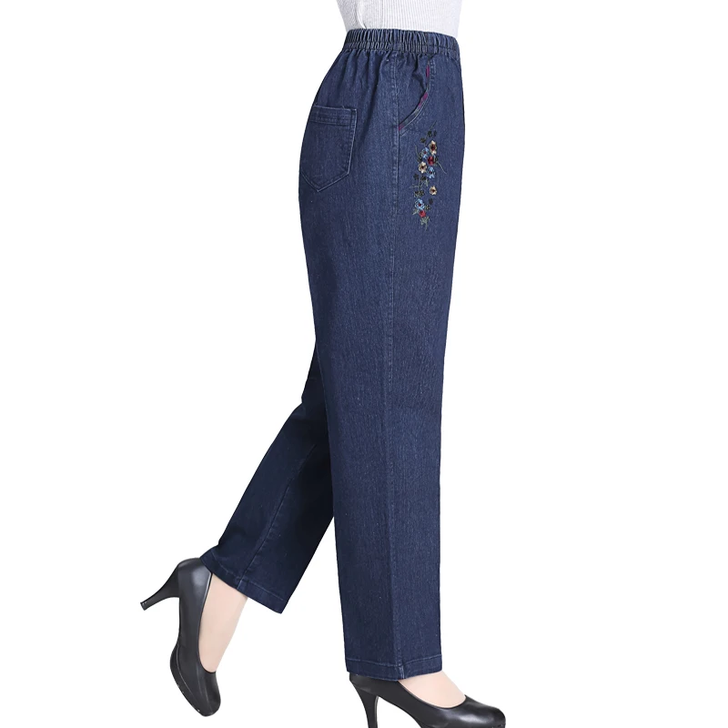 

Middle Aged Women Casual Floral Embroidery Straight Denim Pants High Waist Denim Jeans Vaqueros Mujer Plus Size 5XL