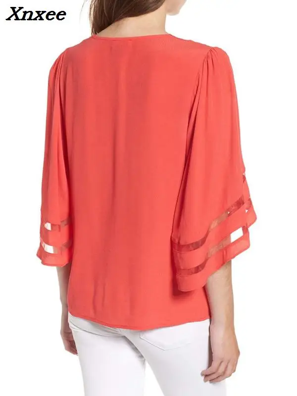 

Women 2018 New Fashion Summer Casual Elegant Office Red Shirt Solid Mesh Splicing Flared Half Sleeve Blouse Xnxee