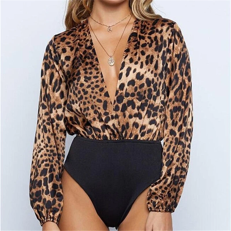 

New Vogue Women Deep V neck Sexy Leopard Bodysuits Long Sleeve Chic Bodysuit Female Fashion Loose Leopard Playsuits Hot