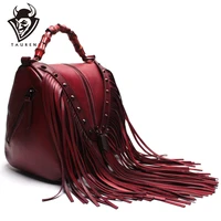 handmade high quality cowhide leather handbags with suede tassels genuine women shoulder bag