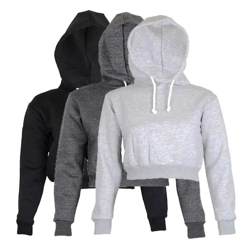 New Womens Hoodie Plain full length Sleeves Crop Top Sports Hip Hop Casual Hooded  Sweatshirt Short Blouse Tops