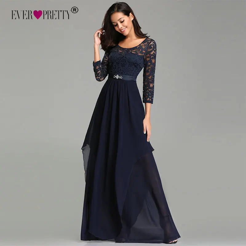 

Ever Pretty Prom Dresses Long Ever Pretty EZ07716 Elegant Beading Sash Long Sleeve Navy Blue Winter Lace Dress Party Formal Gown