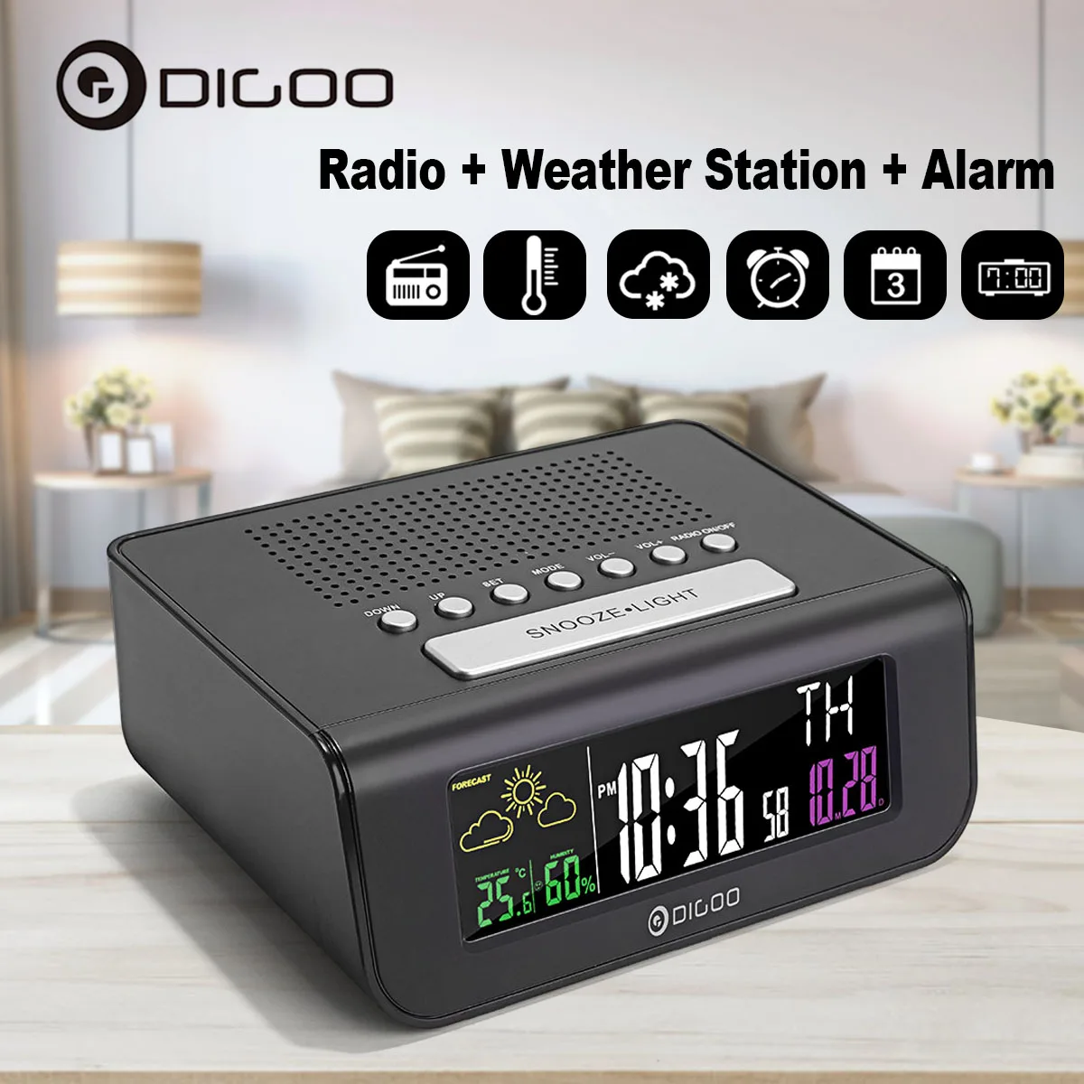 Digoo DG-FR100, беспроводные fm-радио часы, цифровой Повтор, будильник, двойной будильник, погода, календарь, температура, влажность